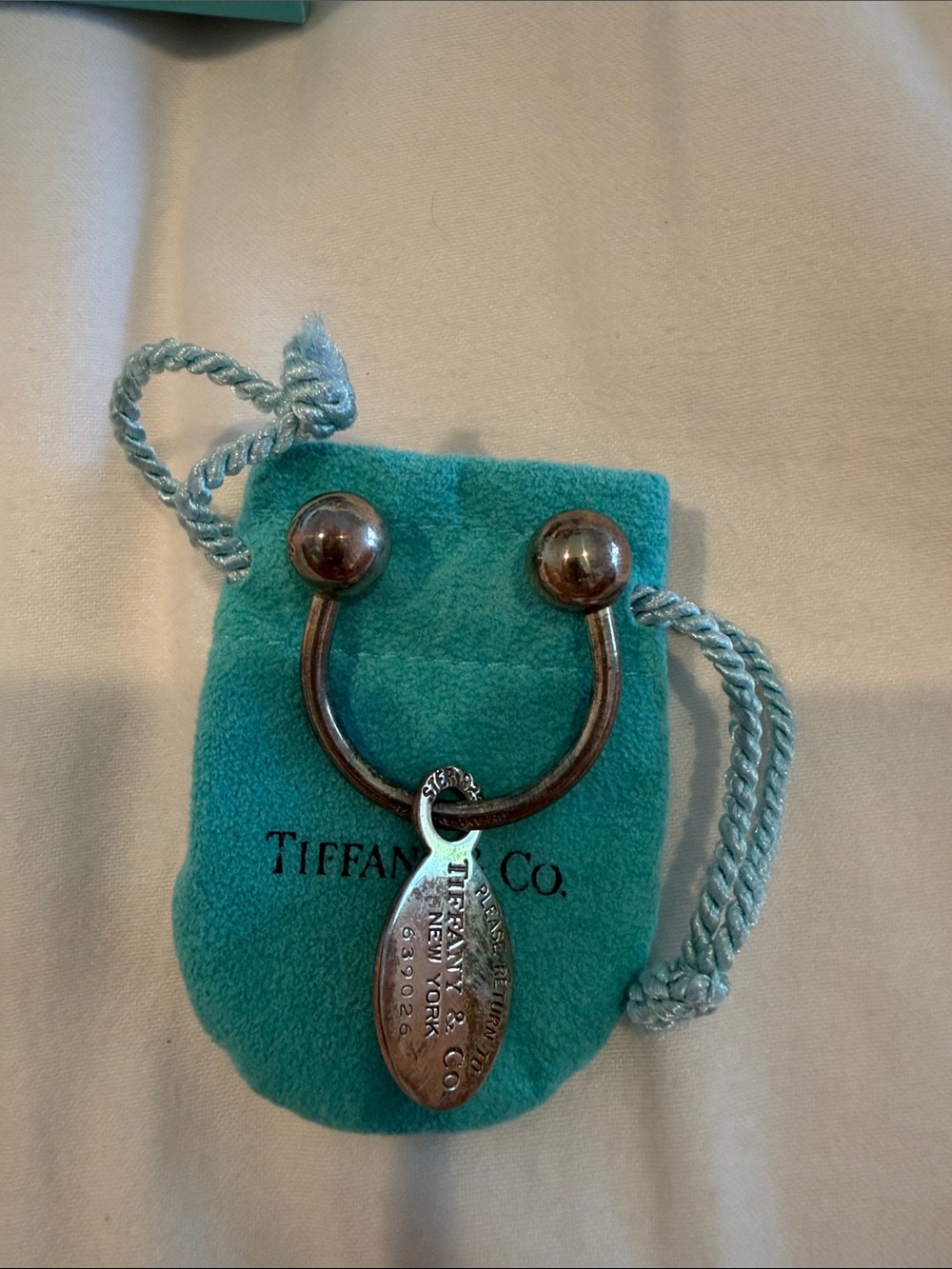 Vintage Tiffany & Co. Silver Key Tag with Signature Blue Pouch